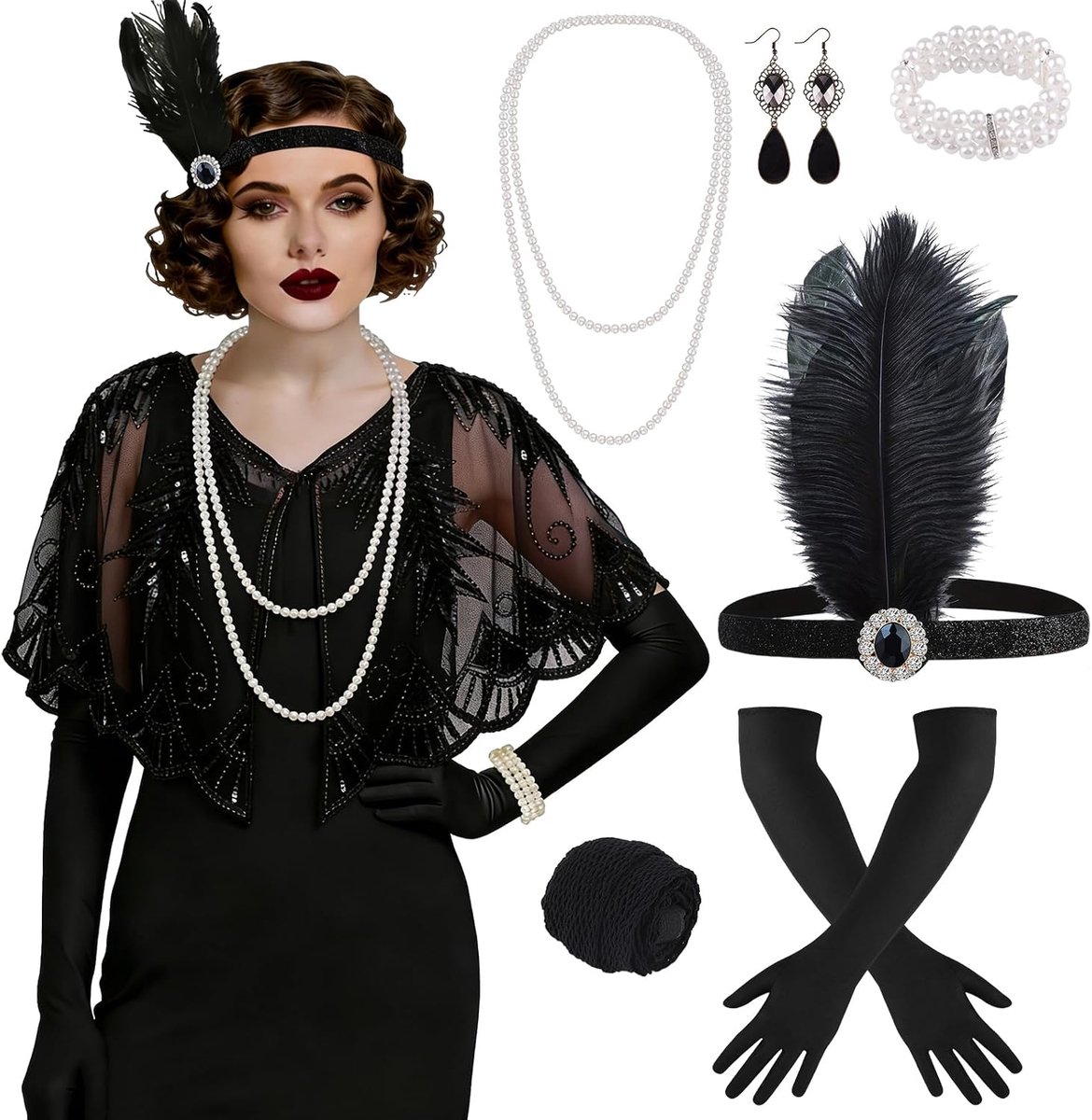 10 Pieces 1920s Flapper Gatsby Accessories Set Fashion Roaring 20's Theme Set with Headband Headpiece Long Black Gloves Necklace Earrings for Women