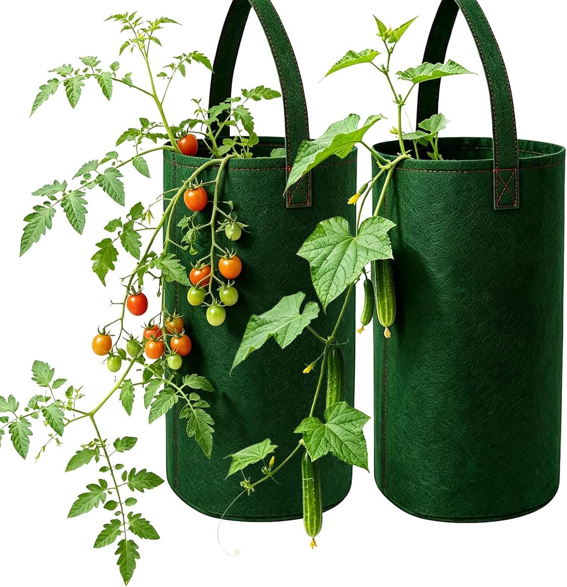 Zakken voor tomaten, hangende vilten kweektas (groen), ademende plantenzak voor aardbeien, groenten en kruiden, ruimtebesparende verticale tuinoplossing voor balkon en