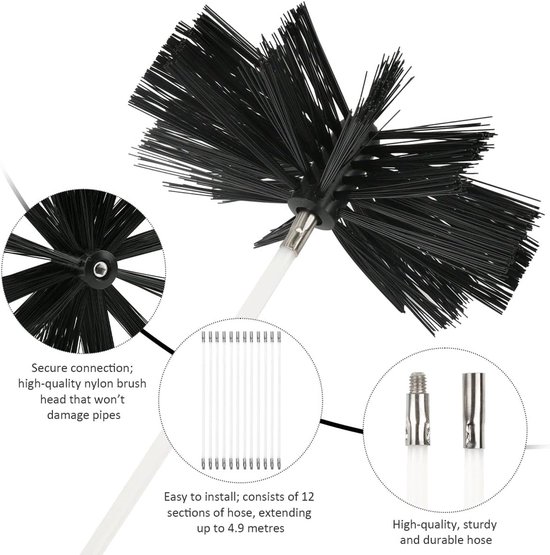 Schoorsteenborstelset, 3 kachelbuisborstels nylon (100 mm/150 mm/200 mm) met 12 flexibele stangen 410 mm, schoorsteenveegborstel, schoorsteenbezem kit voor open haard, pijpen, droger — afbeelding 2
