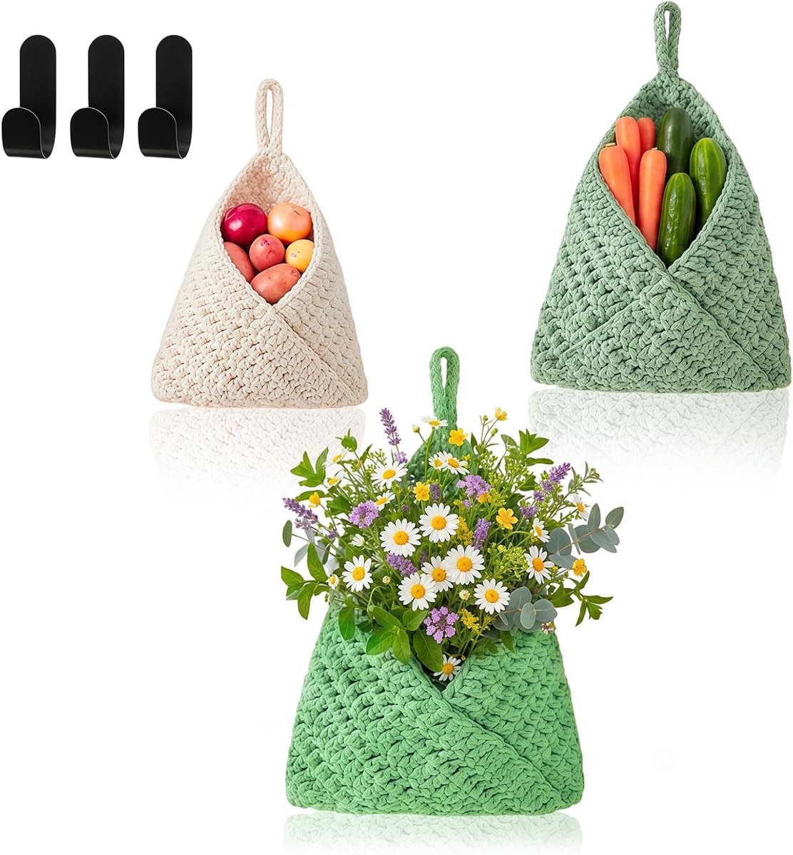 3 Stuks Hangmanden Set, Fruchtenmand Hangend Makramee Wandmand Keuken Badkamer, Opbergmand Hangend Groente Fruit Bloemen, Wand Hangmand Net Mand om op te hangen