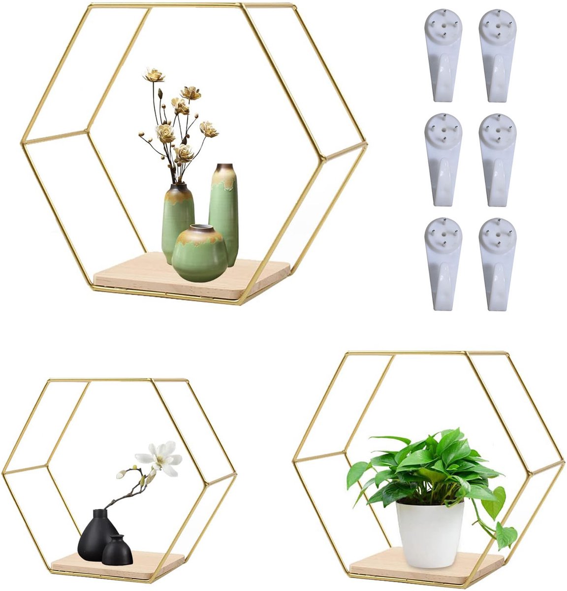 Zeshoekige wandplanken set van 3 - Goudkleurig metaal en houten legplanken - Geometrische wanddecoratie voor woonkamer, slaapkamer en hal - 3 maten