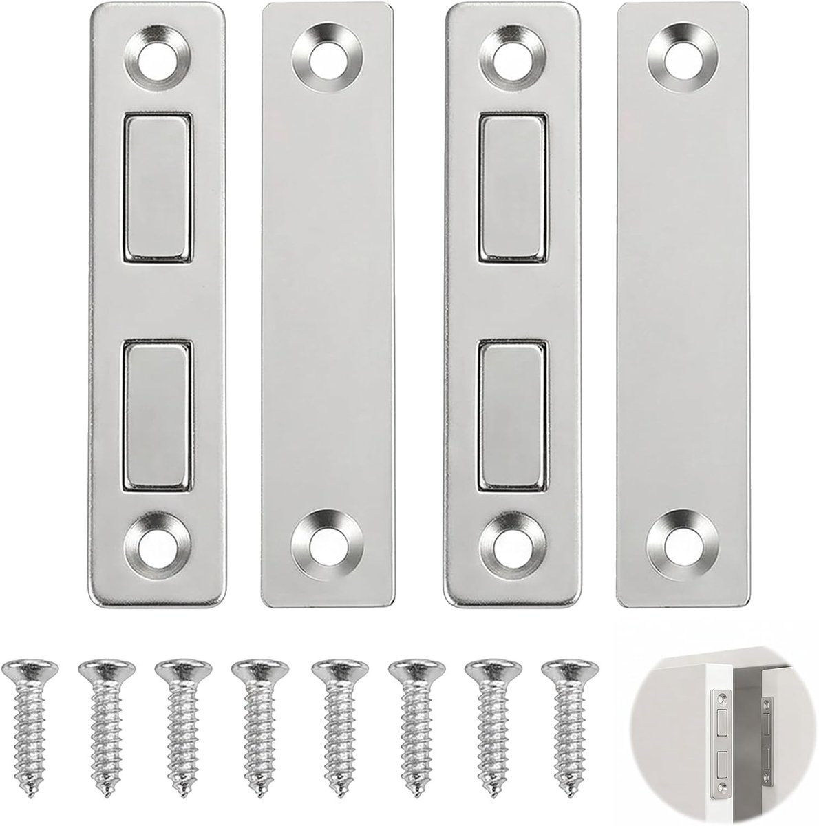 Set van 2 deurmagneten, extra sterk, magneetsluiting voor kastdeuren, zilver, magneetsluiting, kast, dubbele magneet, deursluiter voor meubels, laden en balkondeur, incl. schroeven en kleefpads