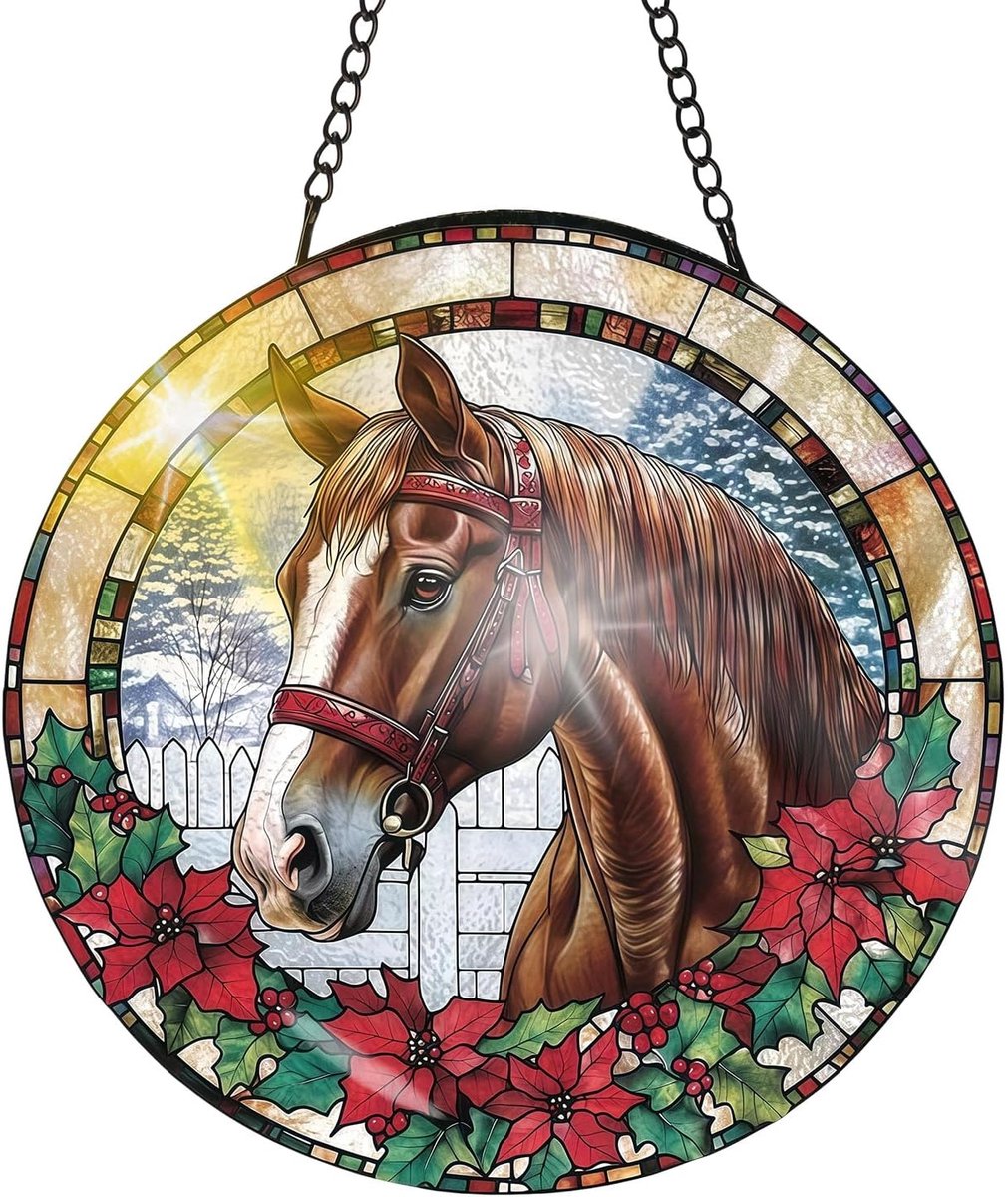 Venster, zonnevanger, acryl, 20 x 20 cm, boho-decoratie en raamdecoratie, hangend voor balkon, kleurrijk lichtspel, raamdecoratie inclusief metalen ketting (paard)