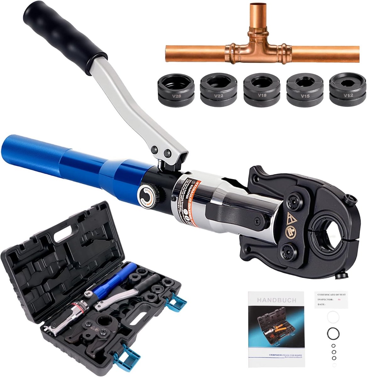 Professionele perstang (hydraulisch), persgereedschap, V-contour (SC-contour), set persgereedschap, HPZ met 180 graden draaibare kop, voor buis C-stalen en roestvrijstalen buis