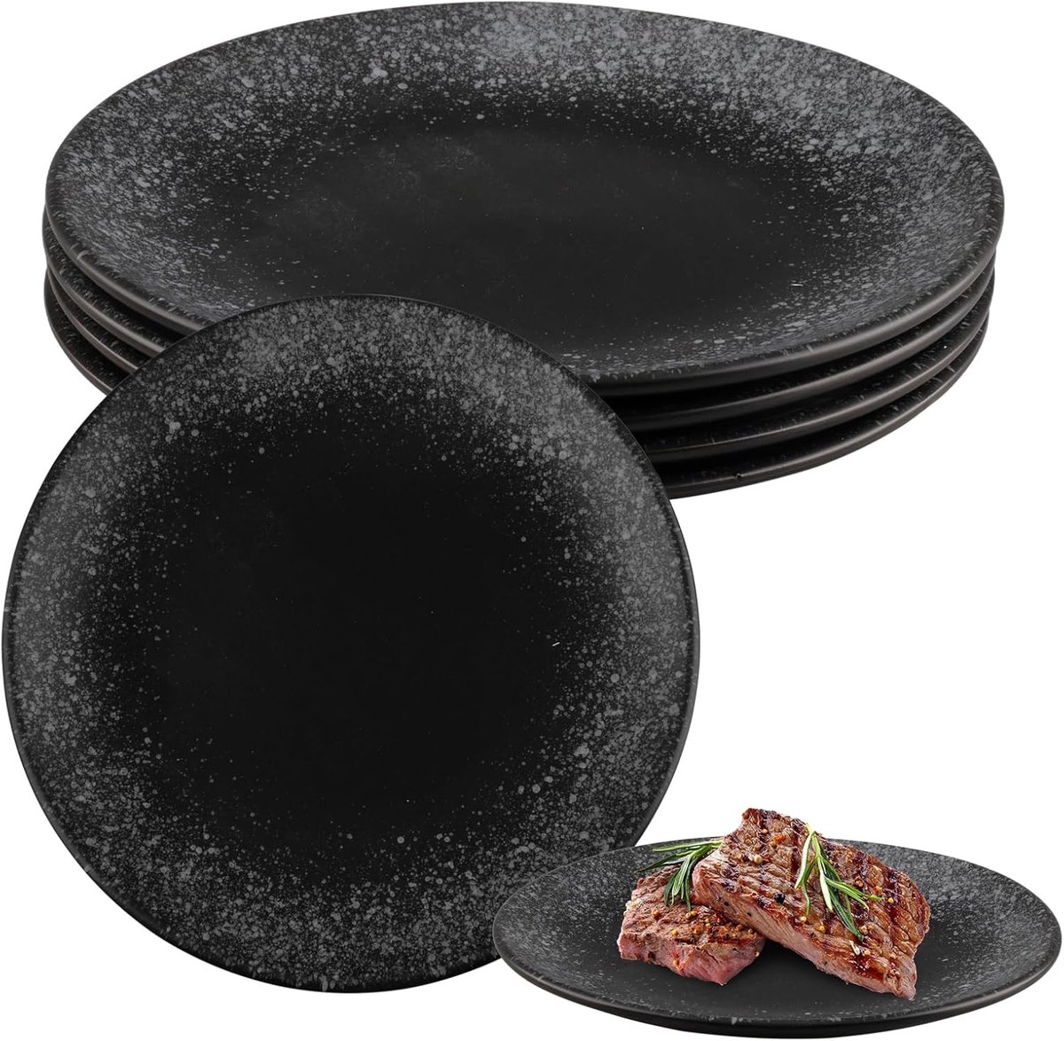4 stuks platte ronde borden, 20,7 x 2,2 cm, soepborden van porselein, tafelservies, zwart, voor salade, pasta, soepen, desserts