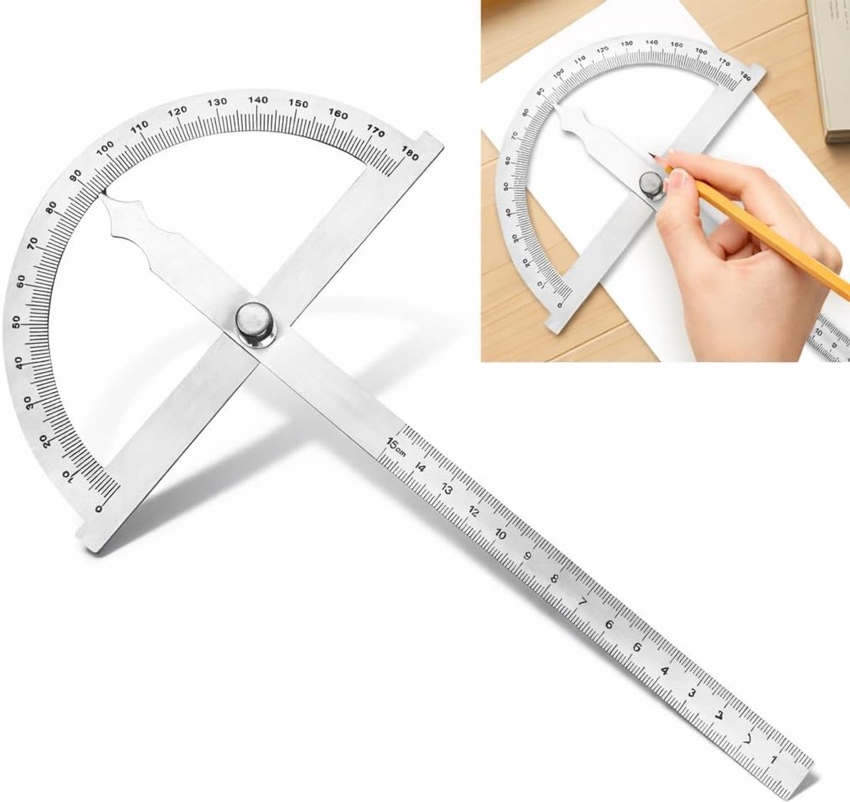 roestvrijstalen gradenboog (0-180°) met vergrendelschroef en schaal, precisie hoekmeter voor timmerlieden, doe-het-zelf, tekenen (150 mm)