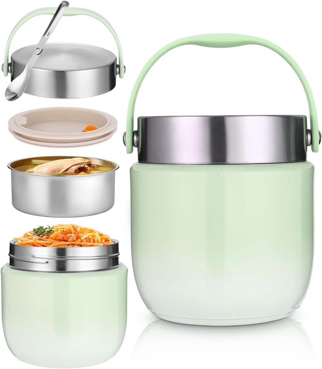 Thermocontainer voor eten, 1200 ml, thermokom met deksel, warmhoudcontainer van roestvrij staal met opvouwbare lepel, thermische lunchbox voor kinderen en volwassenen, ideaal voor soepen, pap, lunch