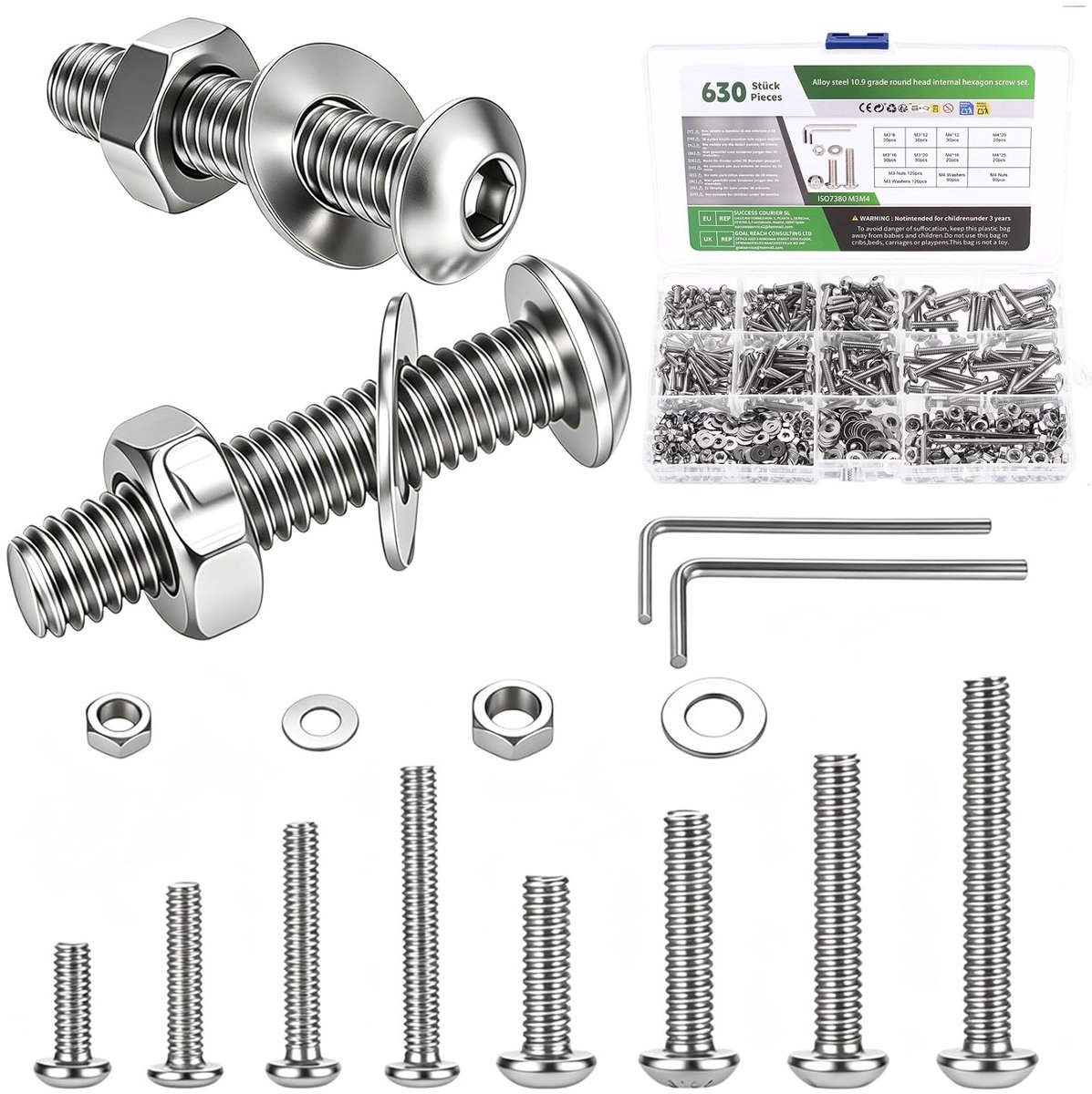 630 stuks M3 M4 schroevenset, zilver - ronde kop inbusschroeven met moeren, schroefdraadschroevenset, machineschroeven en sluitringen kit
