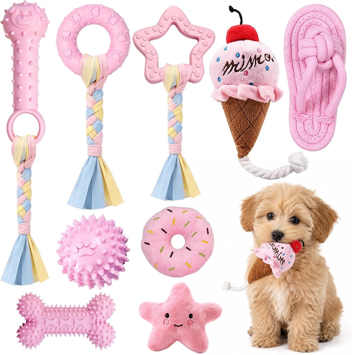 9 stuks roze kauwspeelgoed voor honden, interactief hondenspeelgoed, touw, natuurlijk rubber, hondenspeelgoed, duurzaam, gemakkelijk te reinigen, voor tandreiniging, angstvermindering