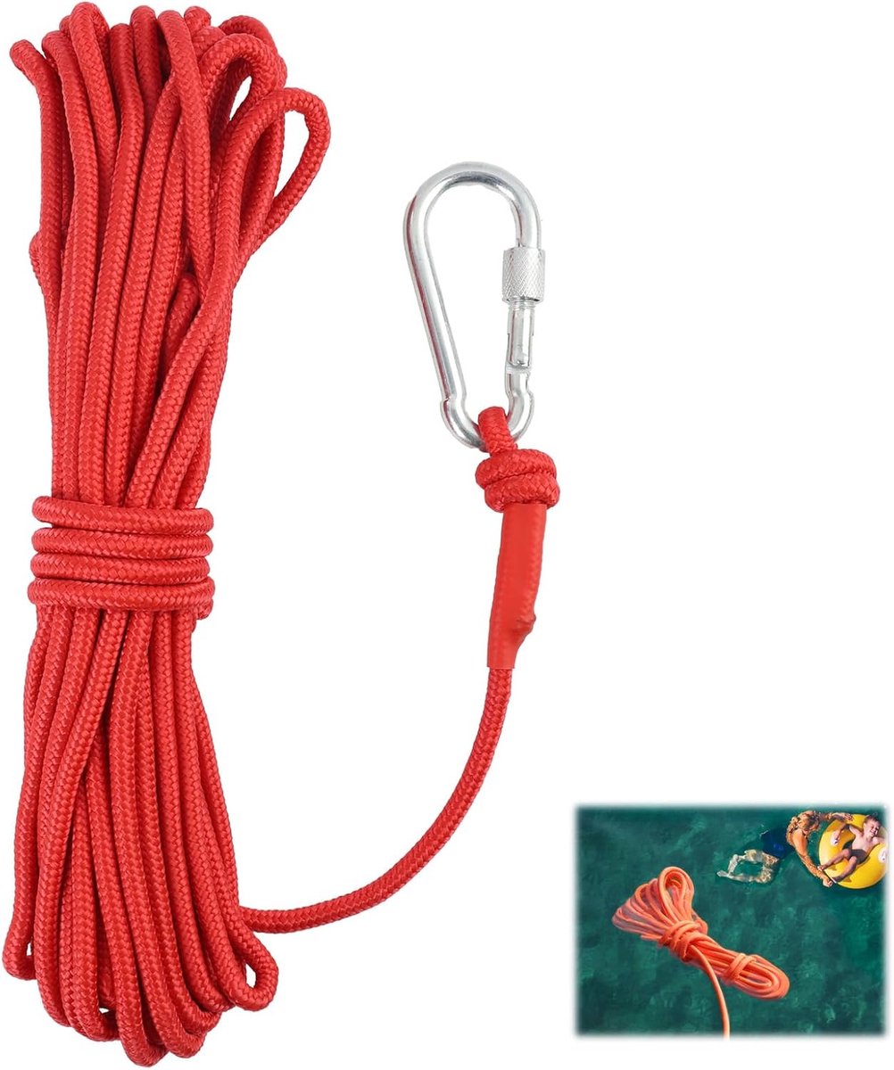 touw van polypropyleen, 10 m x 6 mm, met roestvrijstalen karabijnhaak, rood multifunctioneel touw voor kajak, jetski, rafting, bootaanmering en camping