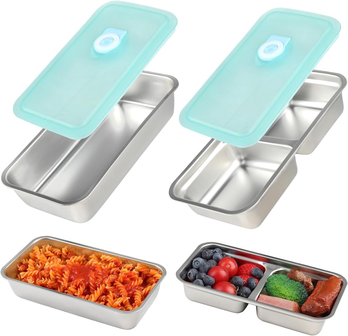 2 stuks 304 voedselveilige roestvrijstalen snackcontainers, 1 & 2 compartiment herbruikbare voedselopslag met deksels, draagbaar voor reizen camping school, deal geschenken voor
