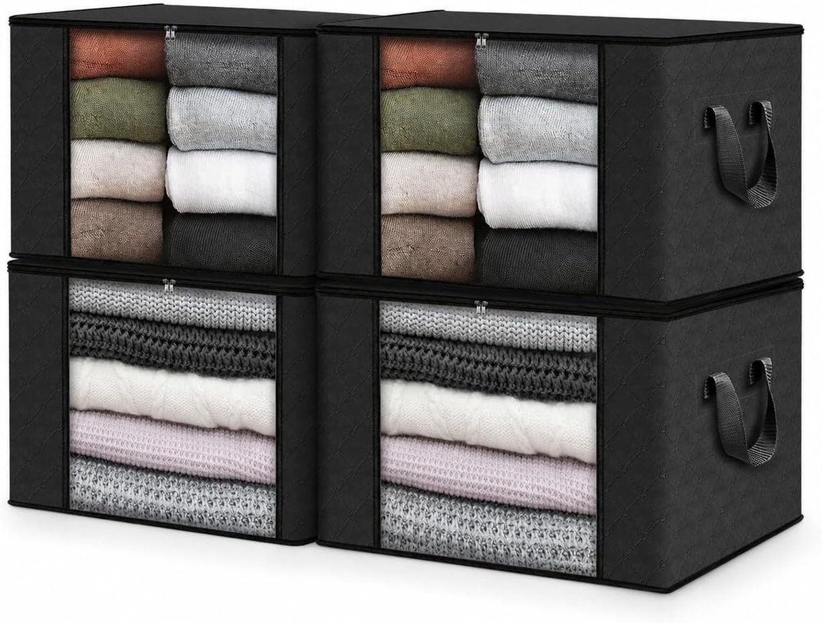 4 stuks 90 l opbergtas, opbergbox met deksel, grote kledingopslag met doorzichtig venster, handgreep, opbergdoos, onderbed, opbergdoos voor kleding, dekbedden, beddengoed