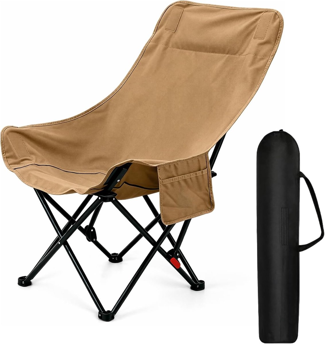 Campingstoel met hoge rugleuning, opvouwbaar, 150 kg, stalen frame, visstoel, inklapbaar met 2 zijvakken, campingstoelen, klapstoelen, stoel voor camping, outdoor, balkon (kaki)