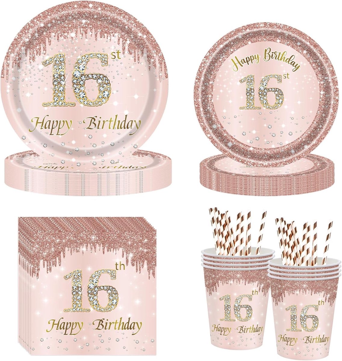 16e verjaardag meisjes partyservies - Sweet 16 partyborden, papieren borden, bekers, servetten voor decoratie 16e verjaardag meisjes tafeldecoratie voor 20 gasten