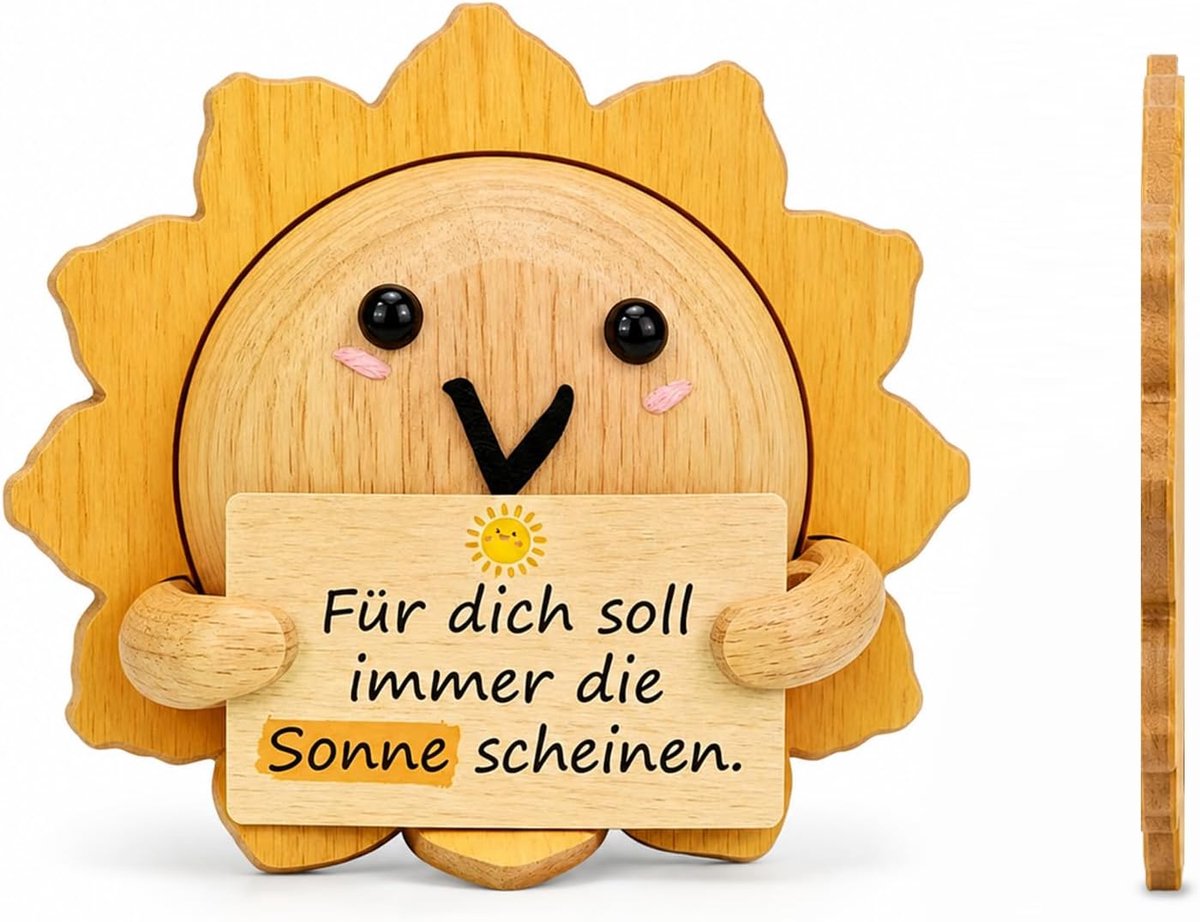 Houten figuren, decoratie, zon, 2D, vlak, geel, zonnen, positieve zonornamenten met voor jou moet altijd de zon schijnen, positieve cadeaus voor vrienden, collega's