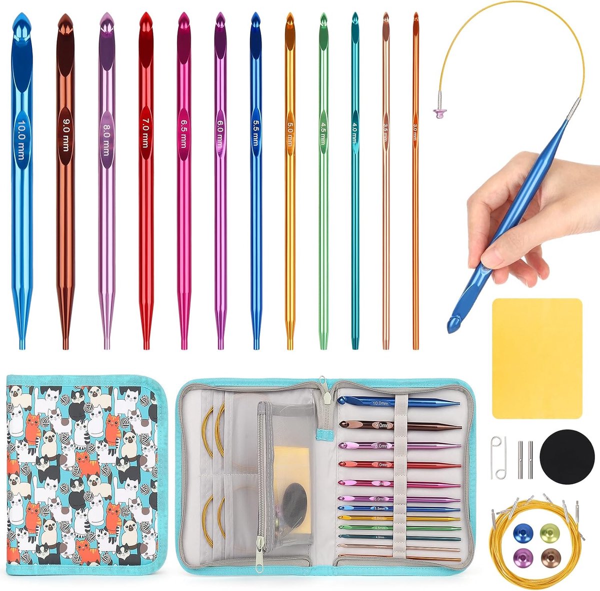 Haaknaaldenset, 12 maten, kleurrijke Tunesische haaknaalden set met kabels, 3,0 mm - 10,0 mm, gladde ergonomische haak voor het maken van dekensjaals, ideaal cadeau