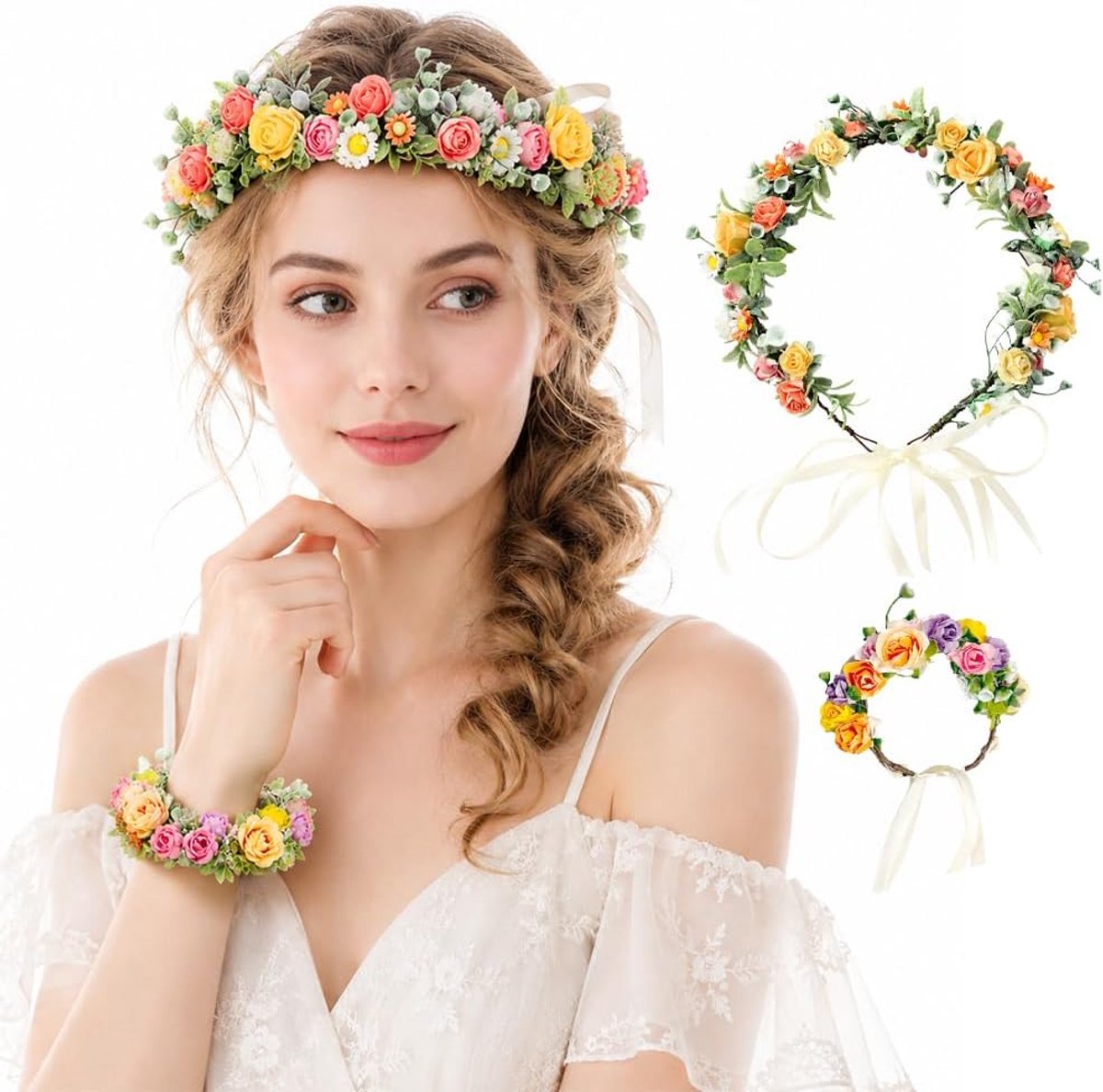 haar, roos bruidshaaraccessoires met armbandset, haarkrans bloemen met verstelbare haarband, haarband bloemen, bloemenkrans, bloemenkroon, hoofdband voor Oktoberfest, bruiloft, feest