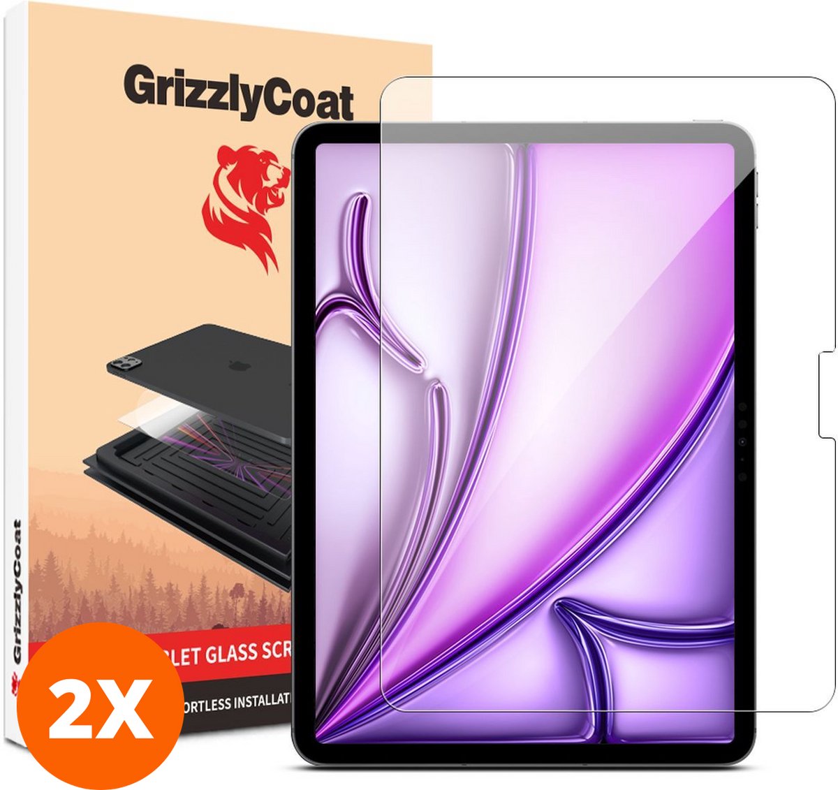 GrizzlyCoat Screenprotector geschikt voor Apple iPad Air 11 Inch (2025) Glazen | GrizzlyCoat Magic Applicator Screenprotector - Case Friendly + Installatie Frame (2-Pack)