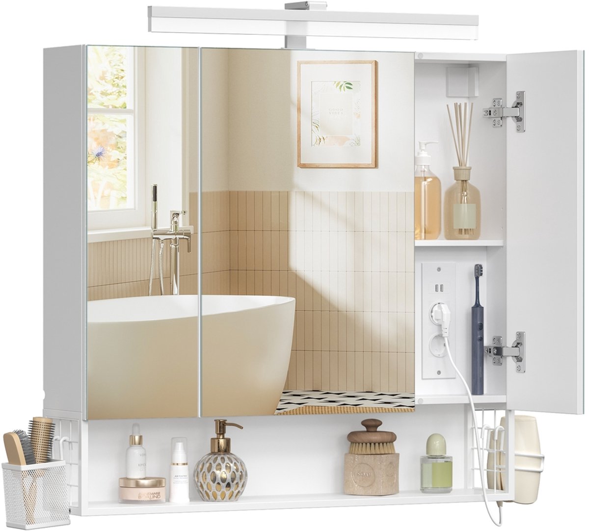 Witte spiegelkast – 80x16 – 5x75 cm – 3 spiegeldeuren – verlichting – Wolkenwit