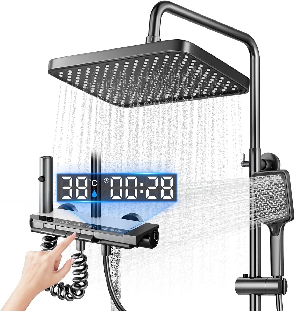 Regendoucheset met LED Display – 30 x 20 cm Hoofddouche – Verstelbaar 69–103 cm – Grijs