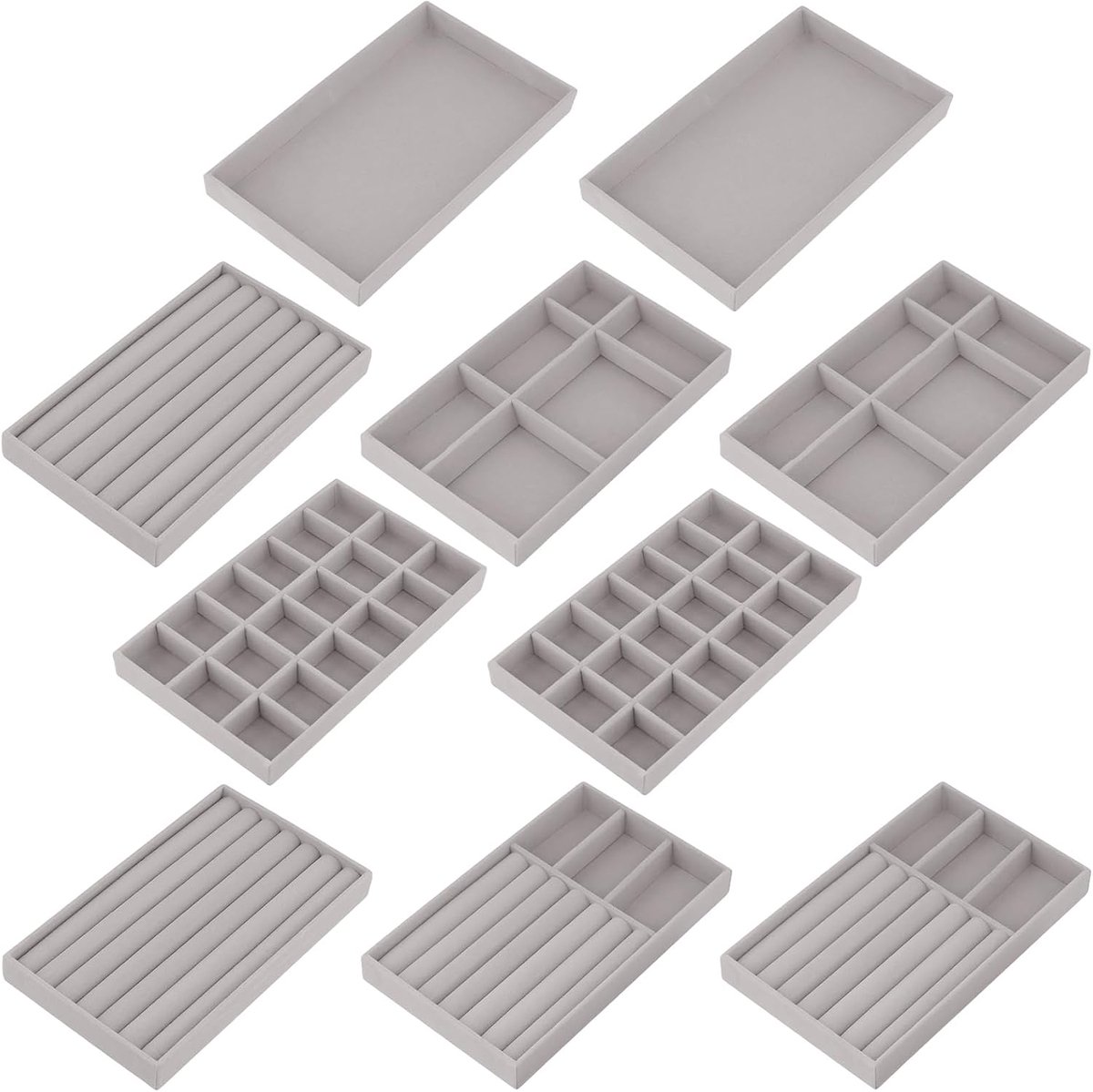 10 stuks sieradenorganizer, lade, grijs, sieradendienblad, stapelbaar, sieradenorganizer met onderverdelingen, sieradenopbergsysteem voor halskettingen, oorbellen, ringen