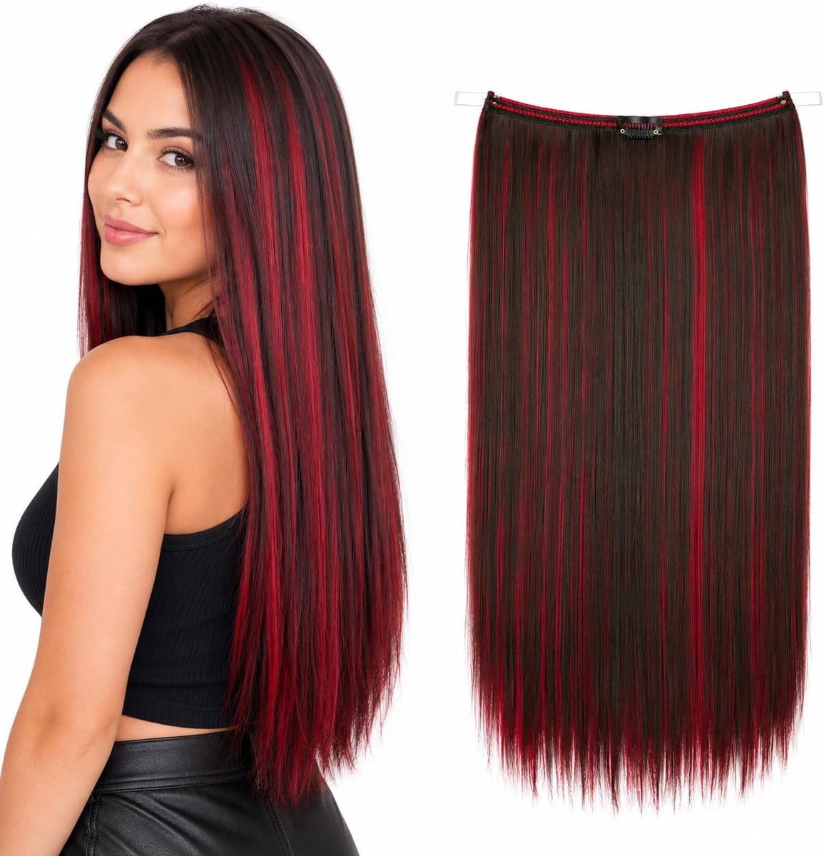 50cm 1 Inslagverlenging Met Elastische Band Haarverlenging Haarstukje Glad Hittebestendig Donkerbruin Rode Highlights E125