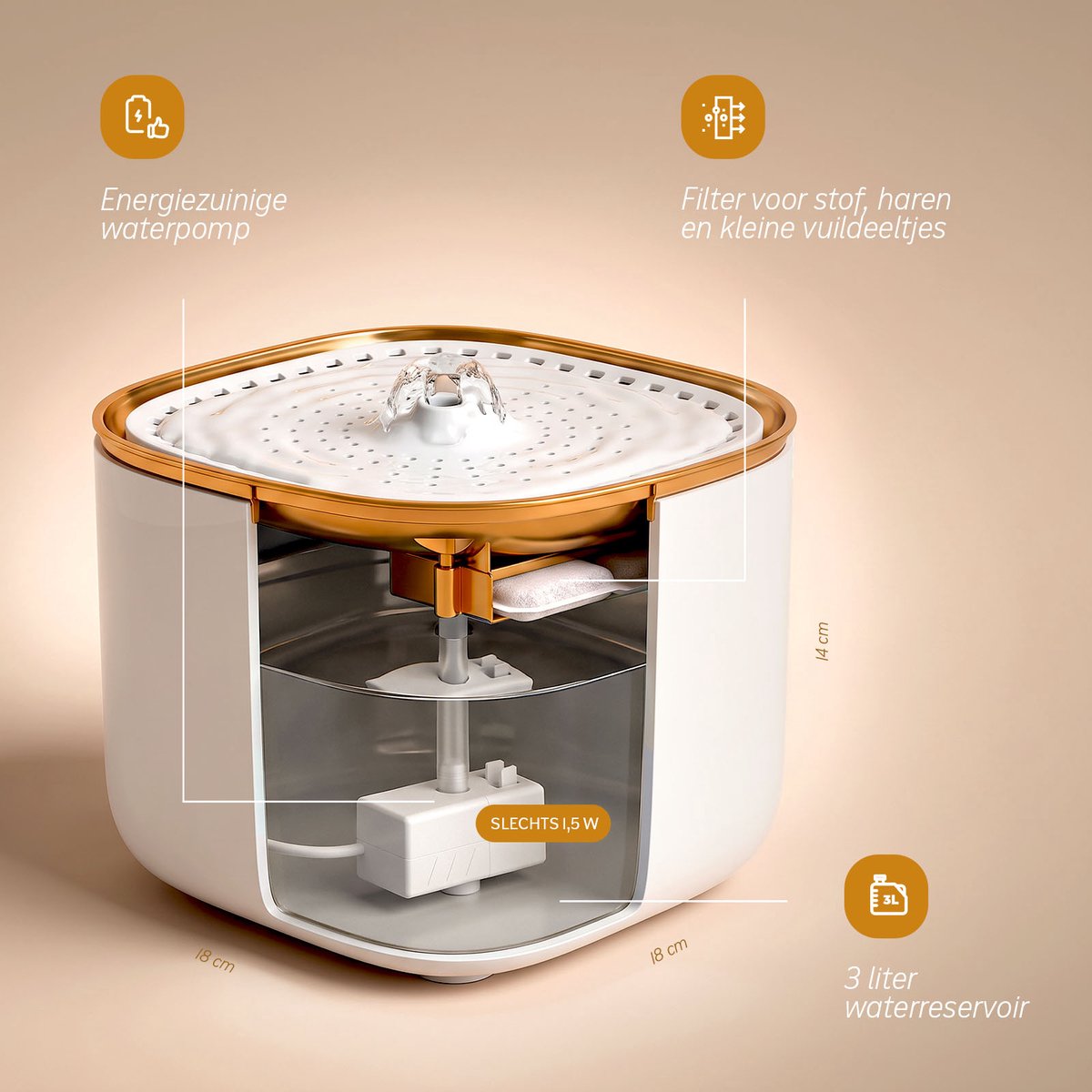 ZoeZo Drinkfontein Kat en Hond - Waterfontein - Kattenfontein - Waterdispenser - Waterbak - Automatisch - Met Filter - 3L - Fluisterstil - Wit en Goud thumbnail 2