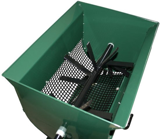 Groene compostzeef met zwarte gaasrol en interne roer-armen.