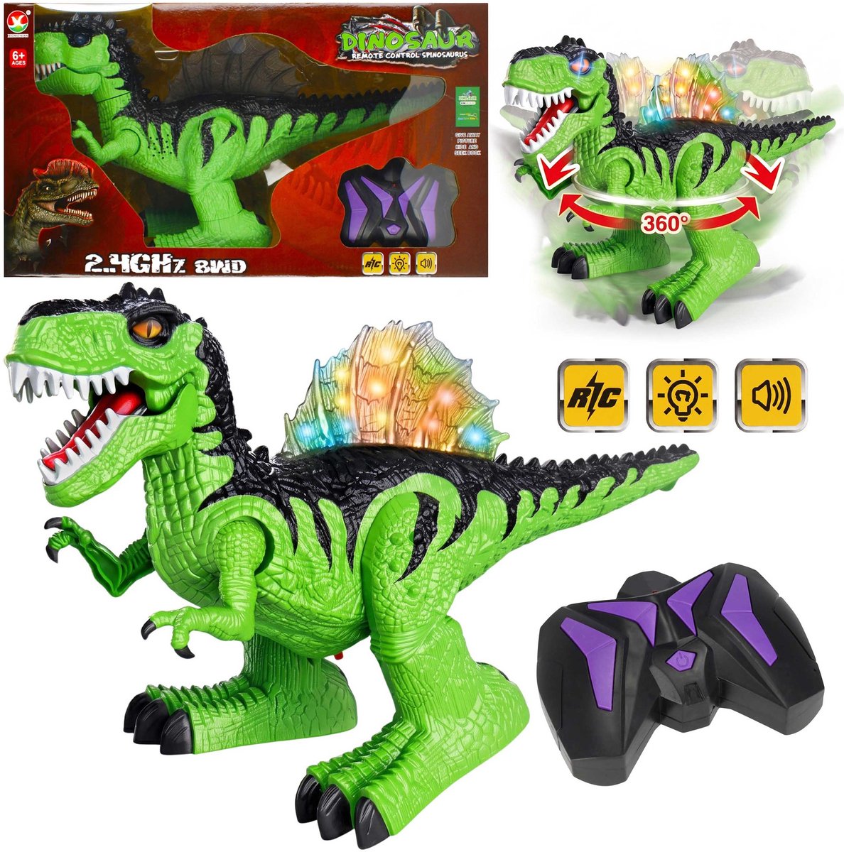 Afstandsbestuurbare dinosaurus, groene Spinosaurus, GROOT speelgoed voor kinderen, GELUID, LICHT, BEWEGING 6+