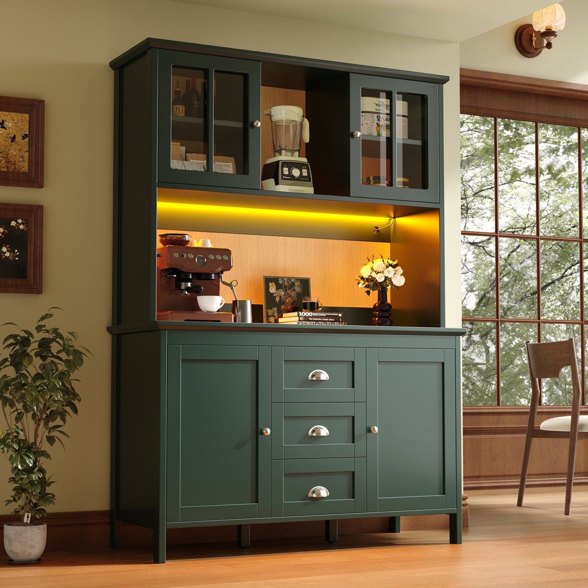 Wishdor - Keukenkast - hoge opbergkast met LED-verlichting, glazen deuren en lade - retro - voor keuken en eetkamer - houtlook groen - 120 x 40 x 179 cm