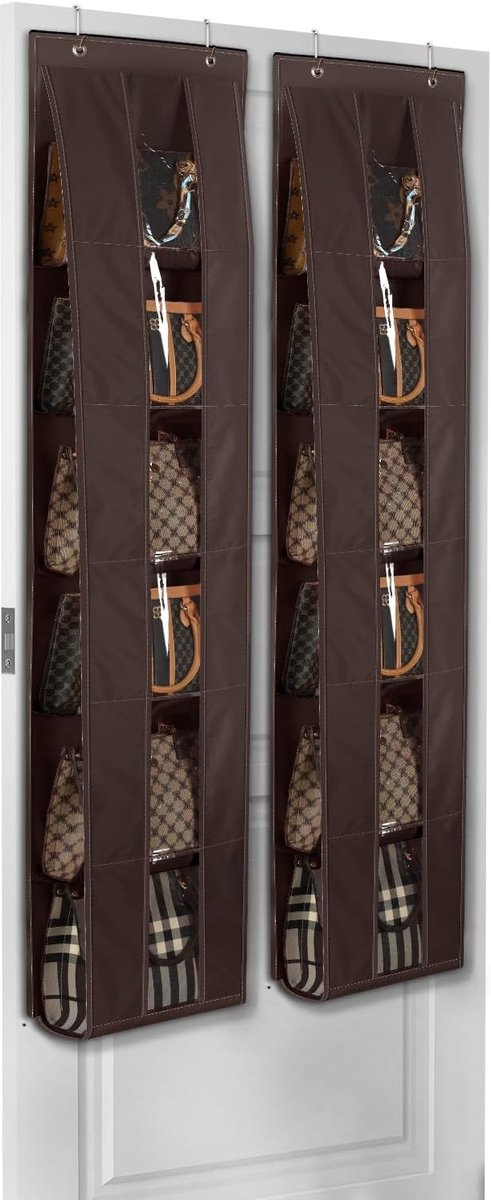 Tashouder voor Deur, Set van 2, 6-Laags Hangend Opbergsysteem voor Tassen, Ruimtebesparende Organizer voor Kast en Deur, Handtassenhouder, Donkerbruin