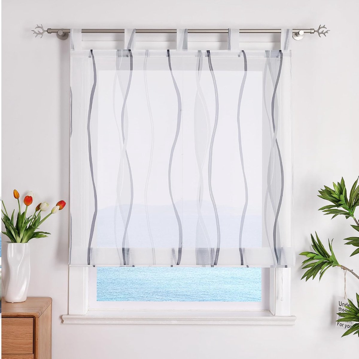 Vouwgordijn met lussen gordijnen keuken vouwgordijnen transparant lusgordijn gordijnen met golfdruk modern voile grijs BxH 60x140cm 1 stuk