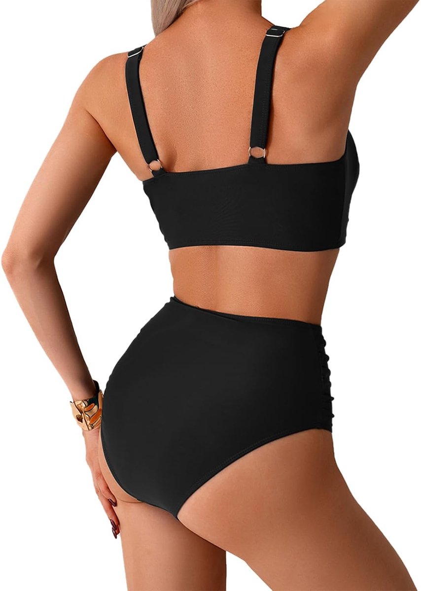 Badpak voor dames, bikini set, buikweg, kanten up, tweedelige badmode voor dames, zwart, XL