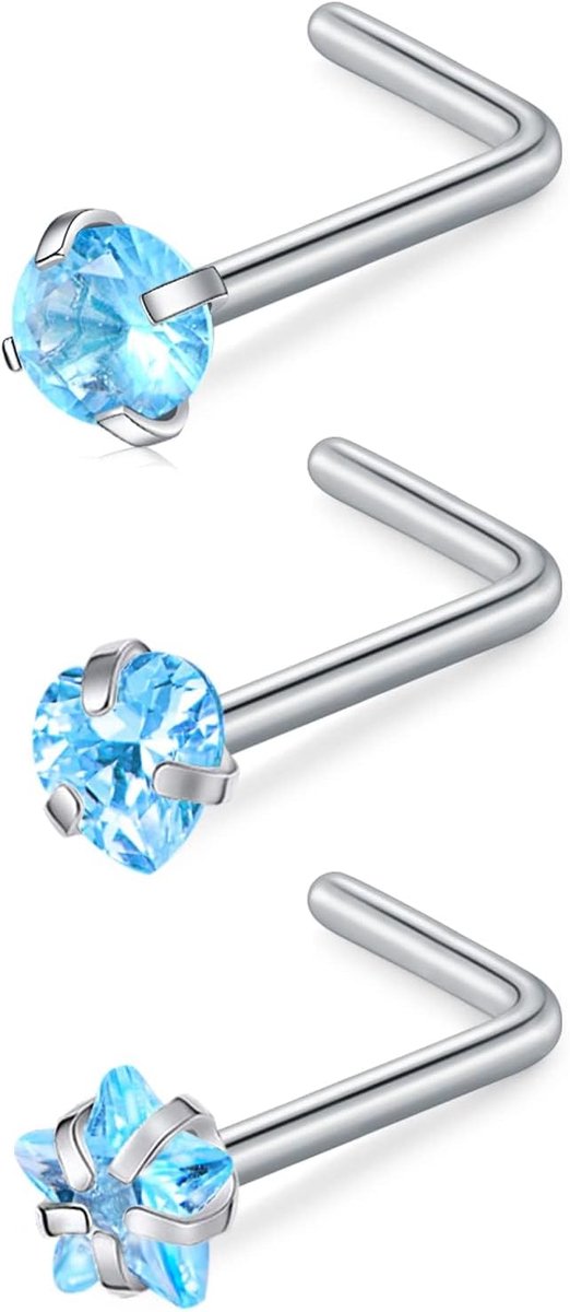Neus Stud L Vorm Neus Ring Stud Neus Bar 18G 20G 1.5mm 2mm 2.5mm 3mm L Vormige Neus Piercing Sieraden Roestvrij Staal Helder Roze Blauw Ronde Ster Hart Diamant Zilver Goud Zwart — afbeelding 2