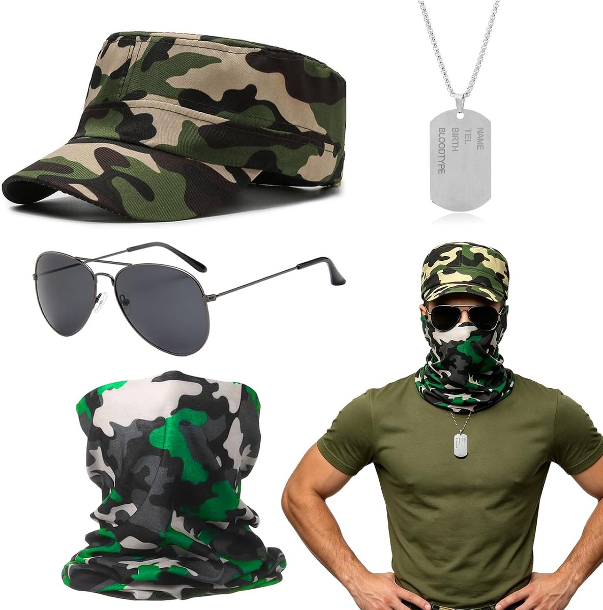 4-delig militair kostuum, militaire kapitein-kostuum, legerkostuum, set met hoed, nekwarmer, zonnebril, identiteitsplaat, voor cosplay, feest, Halloween