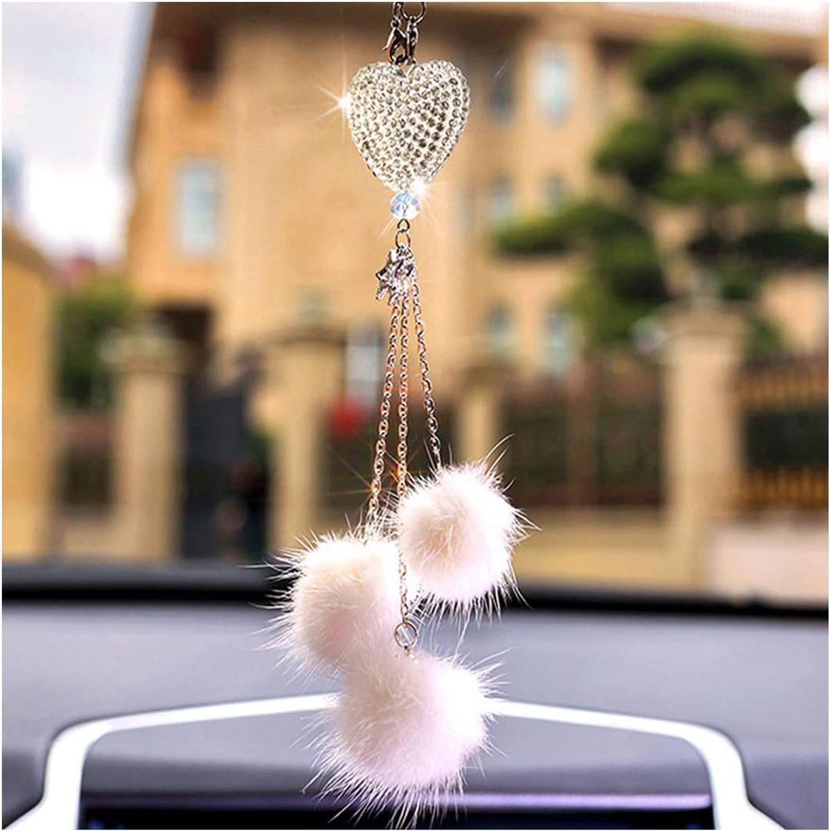 Achteruitkijkspiegel met diamant, bling kristal, auto, universele hanger, autokristal, interieurdecoratie, veer, ornament voor vrouwen, wit