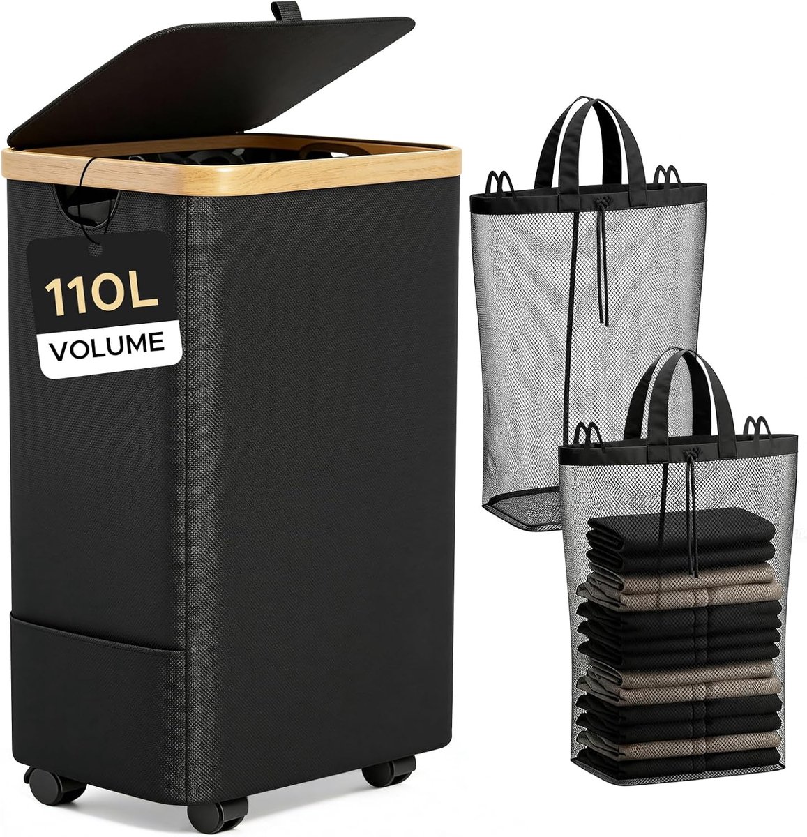 SnelShoppen - JYPS 110L Wasmand met Deksel - 2 Compartimenten Wasmand met Wielen en Handvat - Afneembare Wasmanden - Oxford Stof voor Vuile Kleding Op