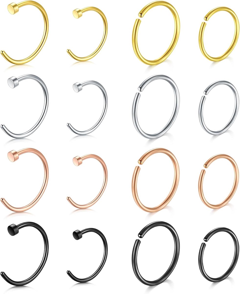 Neuspiercing, 0,8 mm, 20 g, roestvrij staal, binnendiameter 8 mm, 10 mm, zilver, roségoud, goud, zwart