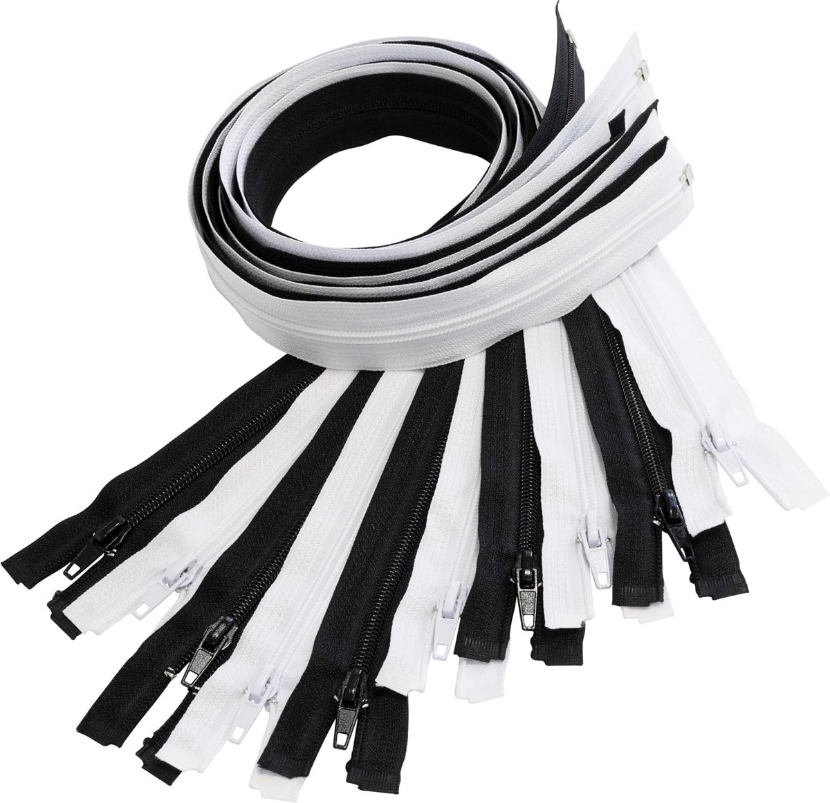 - Set van 10 spiraalritsen N°5 65 cm deelbaar met schuiver - van metaal nylon polyester - kleur zwart en wit - naaiwerk DIY textielcreaties