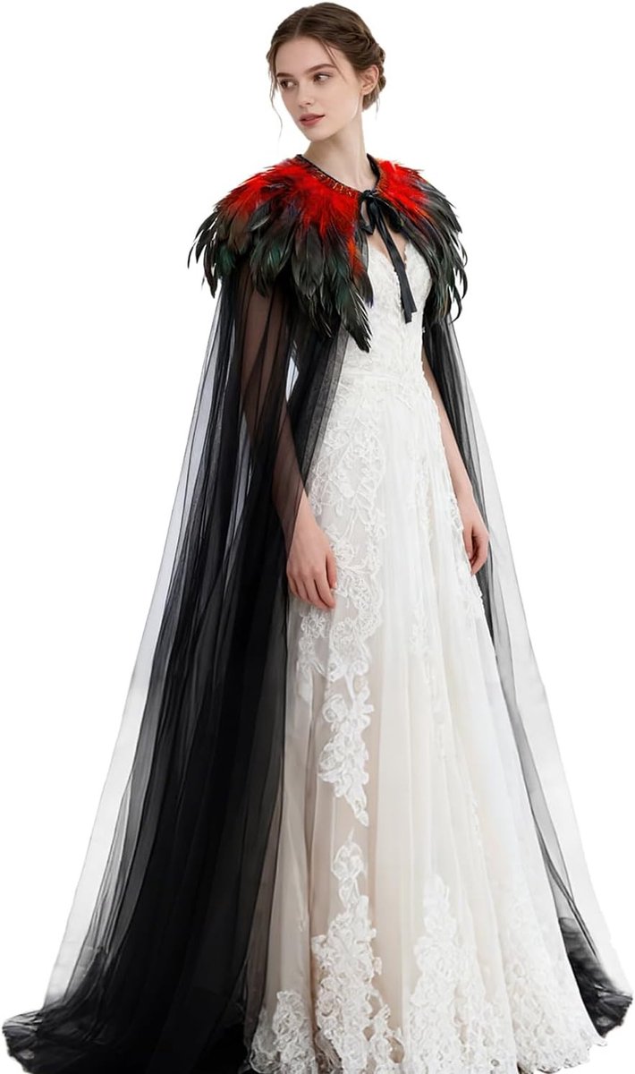 Zwarte Tule Cape met Veer Kraag voor Halloween en Kostuums, Perfect voor Maleficent en Feestjes