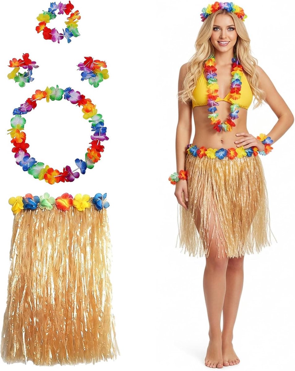 Tropisch Hawaii Feest Kostuum Set met Hula Rok, Bloemenketting en Grasrok voor Volwassenen, Perfect voor Luau en Themafeesten