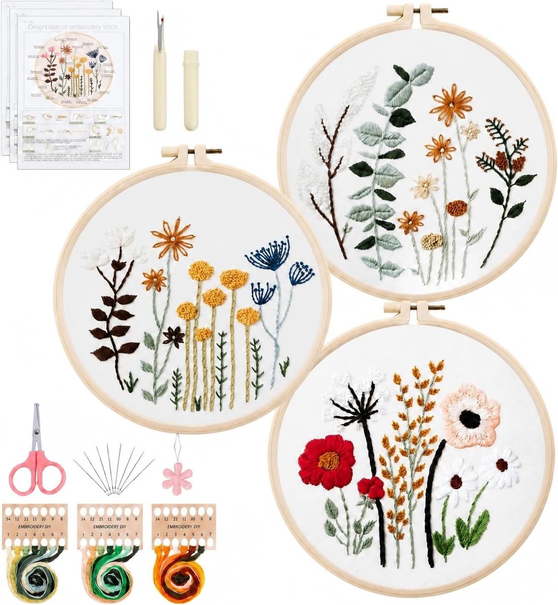 3-delige Borduurset voor Beginners met Bloemmotief, Inclusief Borduurgereedschap en Instructies voor DIY Kunst en Handwerken
