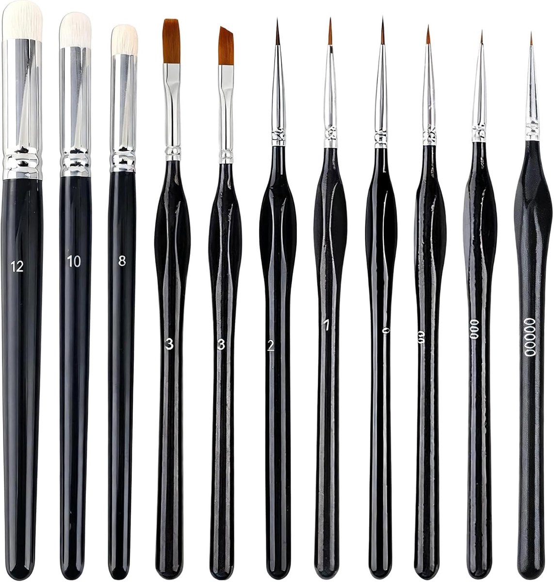 Set van 11 verfkwasten inclusief 3 droge penseelmodelleringskwasten en 6 fijne verfkwasten met 2 paletten voor acryl, aquarel, olie en gouache schilderwerk