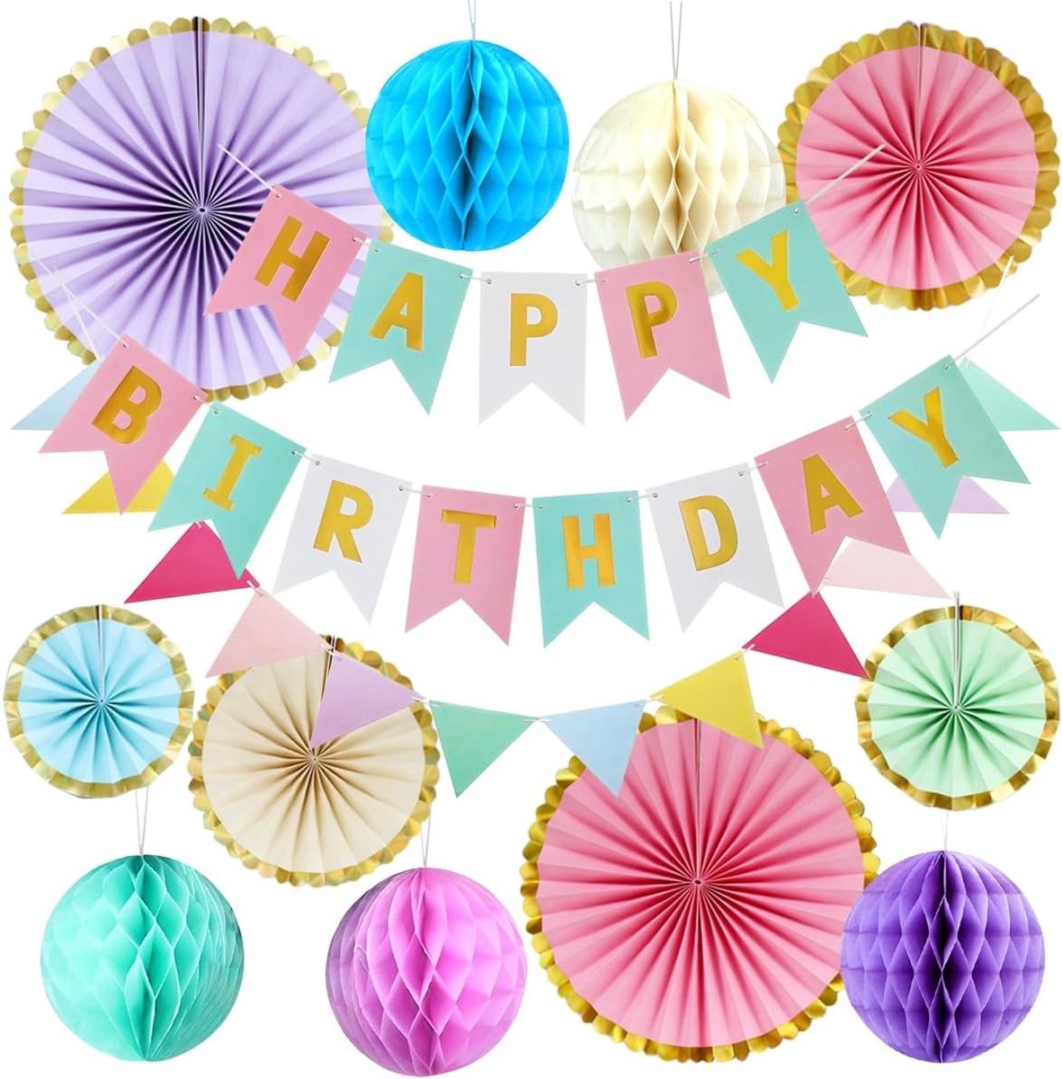 Feestelijke Pastel Verjaardagsdecoraties, Herbruikbare Versiering Set met Banner, Garlands en Pompoms voor Jongens en Meisjes