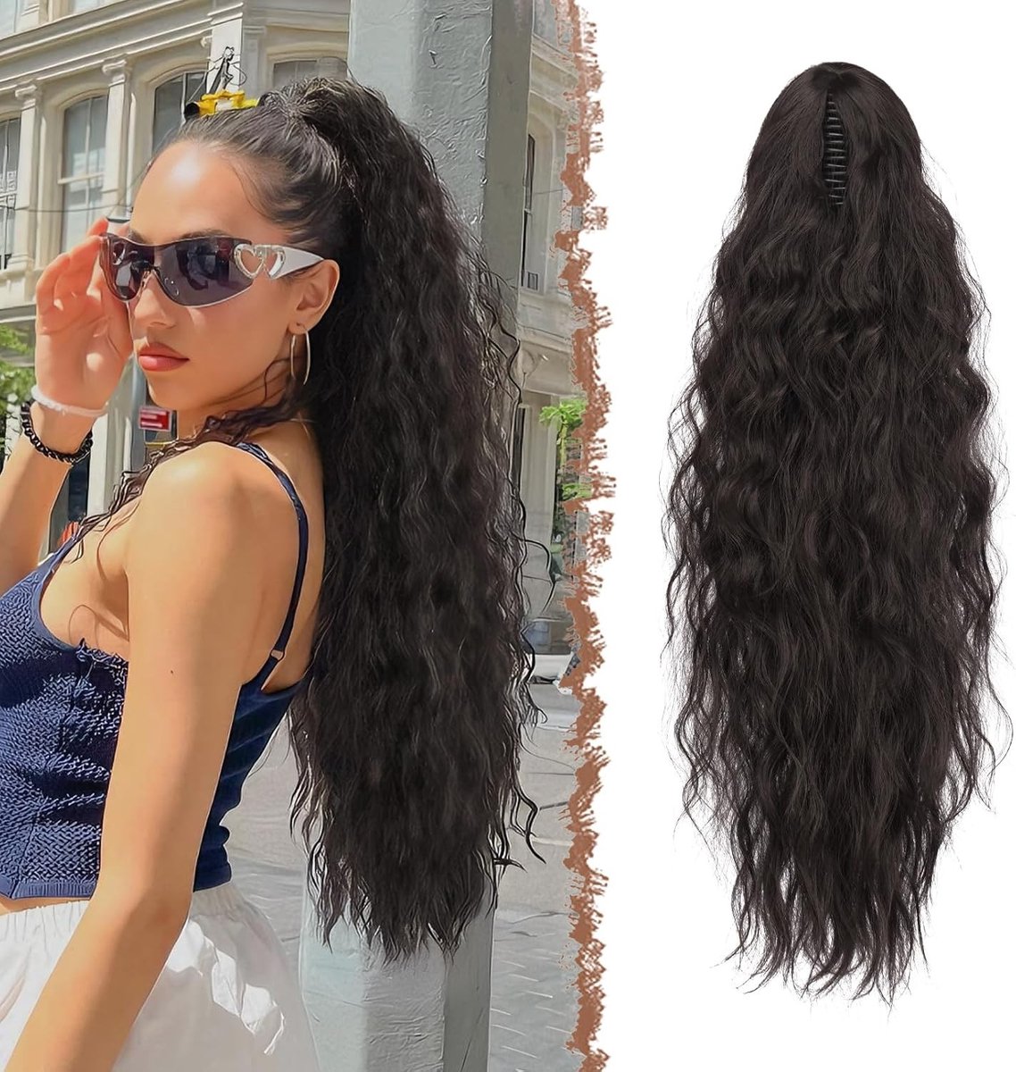 Ponytail Extensions Lang Krullend Golvend Haar voor Vrouwen - Synthetische Haarstukken met Klamma en Trektouw, Zwart Bruin 75cm