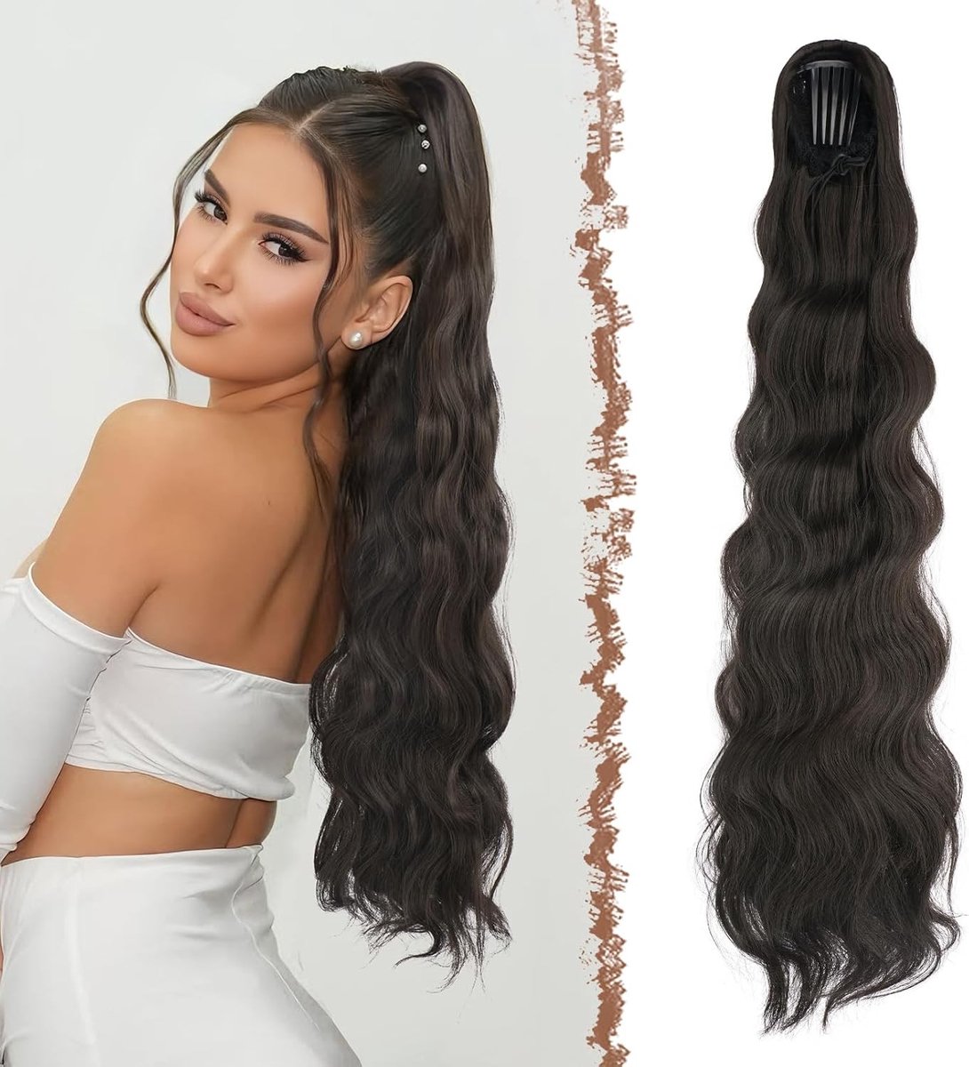 Natuurlijke 75 cm Lange Ponytail Haarstuk met Trekkoord, Donkerbruin Synthetisch Haar voor Vrouwen, Ideaal voor Feest en Dagelijks Gebruik