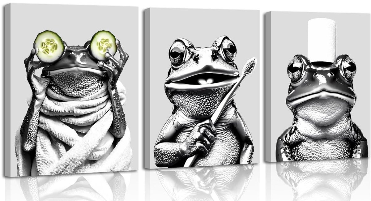 Set van 3 Grappige Wandfoto's voor Badkamer - Zwart-Wit Decoratie