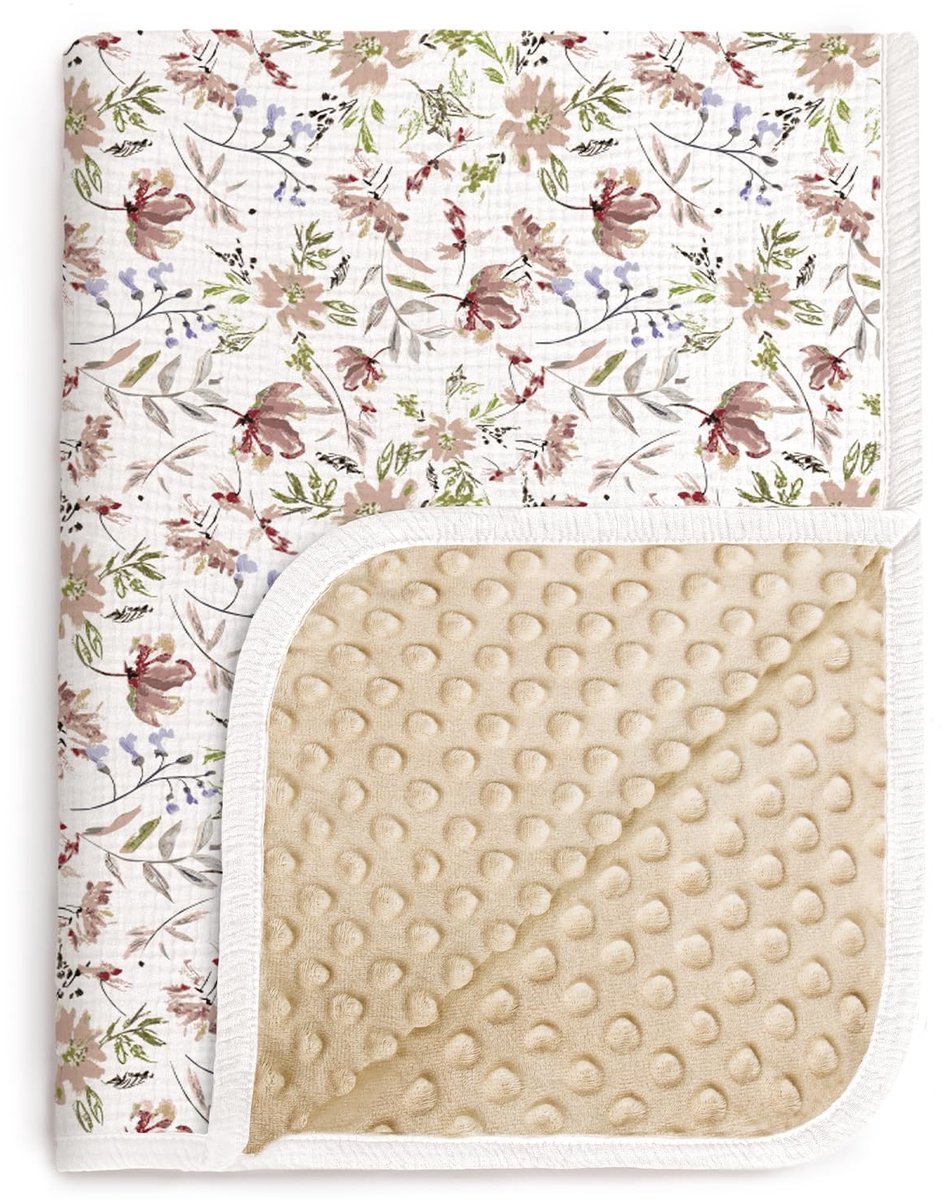 Babydeken - Muslin Katoen - Minky bloemen - 76 x 101 cm