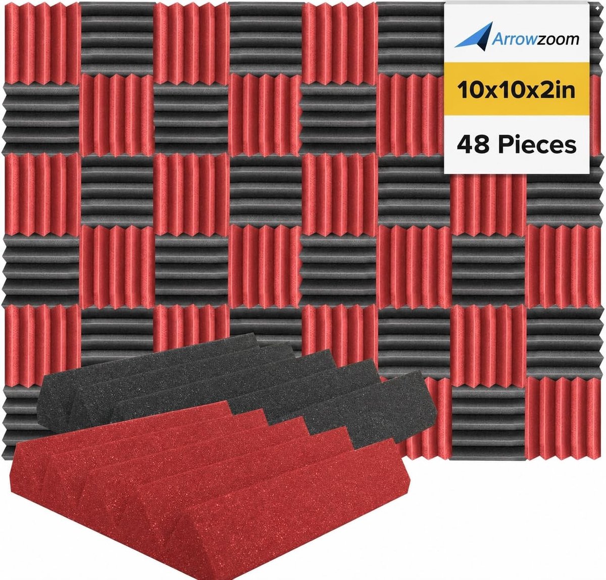 Akoestische Panelen - Geluidsabsorberend - 25x25x5 cm - Rood/Zwart - 48 Stuks