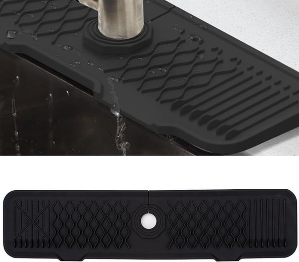 Siliconen kraanmat, spatbescherming voor gootsteenkraan, lekbak voor kraangreep, gootsteenmat voor keuken- en badkameraanrechtbladen (zwart, 61 cm)